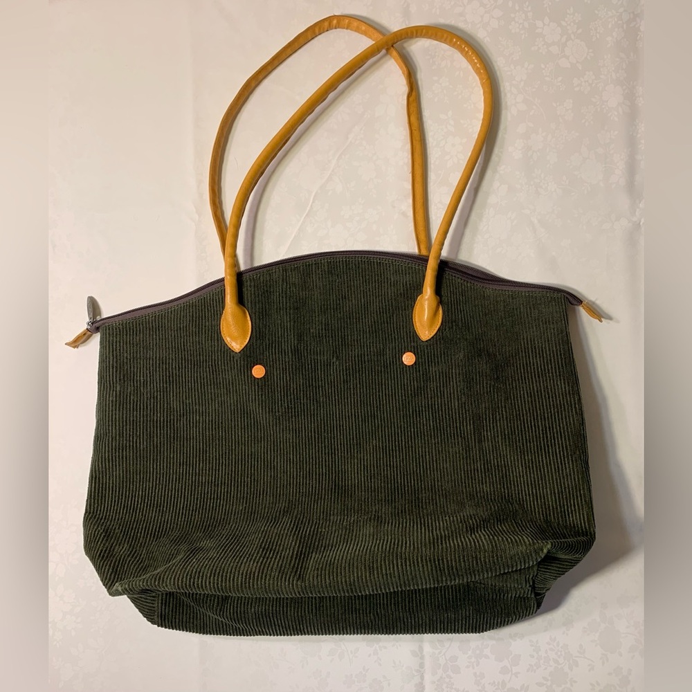 EUC Tote: Corduroy, Leather Handle, Single Compartment, Two’s Company, Evergreen